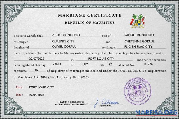 Downloadable Mauritius marriage certificate PSD template